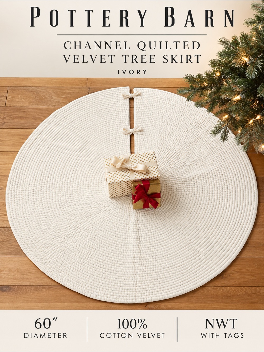 Pottery Barn Channel Quilted Velvet Tree Skirt Ivory 60” NWT